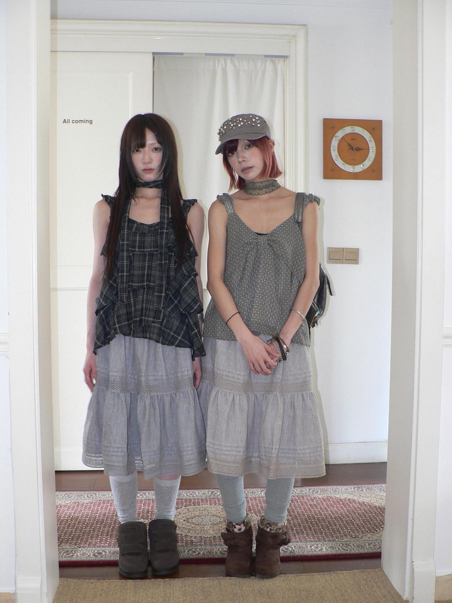 ang project Vintage Plaid Layered Ruffle Asymmetric Tie Women&