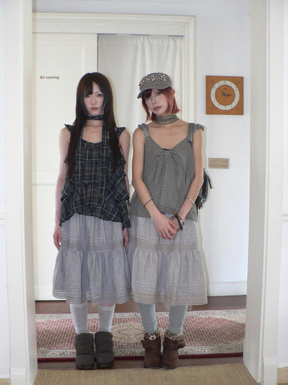 ang project Vintage Plaid Layered Ruffle Asymmetric Tie Women&