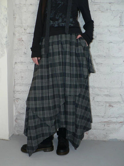 ang project Vintage Plaid Patchwork Double Layer Asymmetrical Raw Hem Skirt Skirt