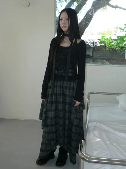 ang project Vintage Plaid Patchwork Double Layer Asymmetrical Raw Hem Skirt Skirt