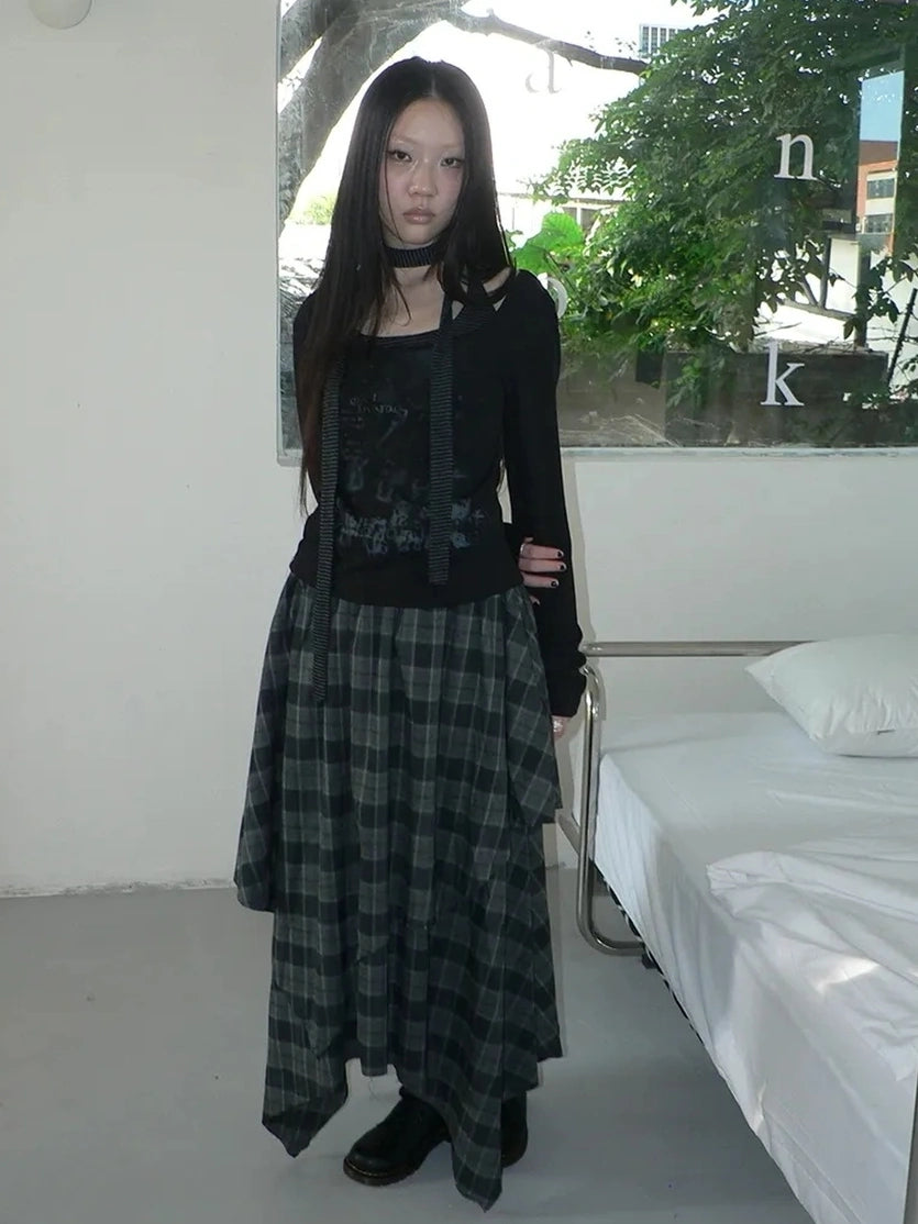 ang project Vintage Plaid Patchwork Double Layer Asymmetrical Raw Hem Skirt Skirt
