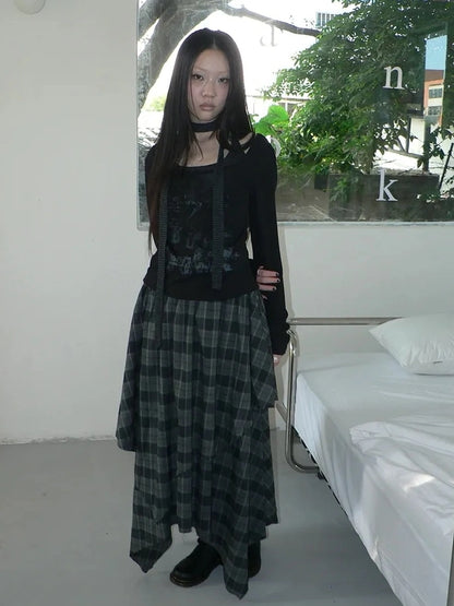 ang project Vintage Plaid Patchwork Double Layer Asymmetrical Raw Hem Skirt Skirt
