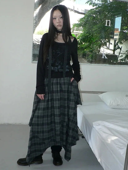 ang project Vintage Plaid Patchwork Double Layer Asymmetrical Raw Hem Skirt Skirt