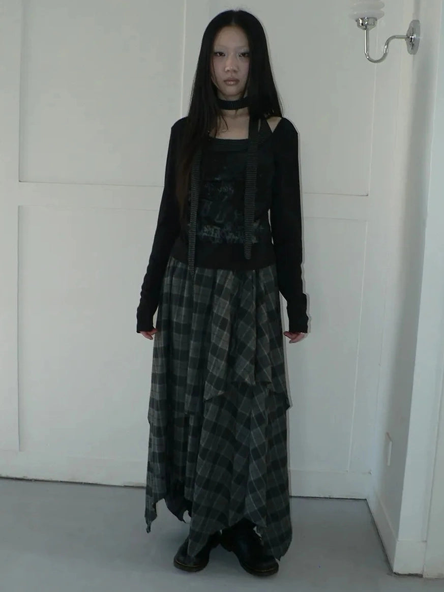 ang project Vintage Plaid Patchwork Double Layer Asymmetrical Raw Hem Skirt Skirt