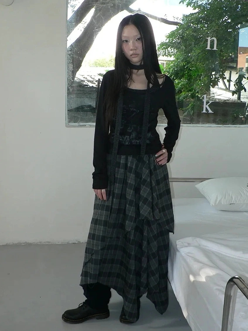 ang project Vintage Plaid Patchwork Double Layer Asymmetrical Raw Hem Skirt Skirt