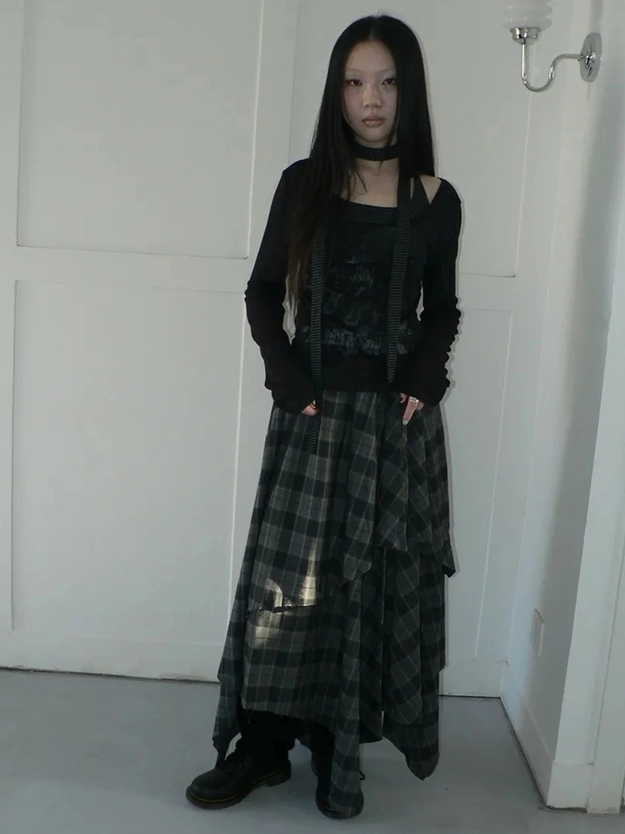 ang project Vintage Plaid Patchwork Double Layer Asymmetrical Raw Hem Skirt Skirt