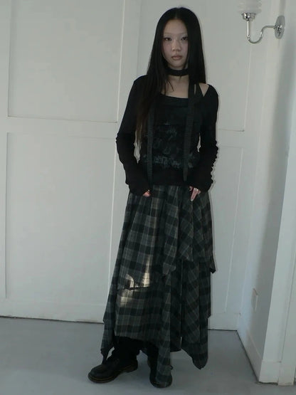 ang project Vintage Plaid Patchwork Double Layer Asymmetrical Raw Hem Skirt Skirt