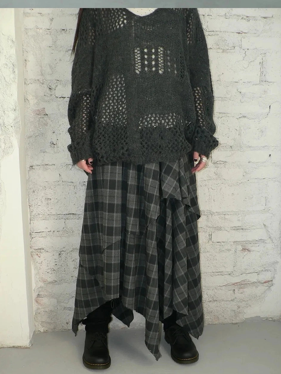 ang project Vintage Plaid Patchwork Double Layer Asymmetrical Raw Hem Skirt Skirt