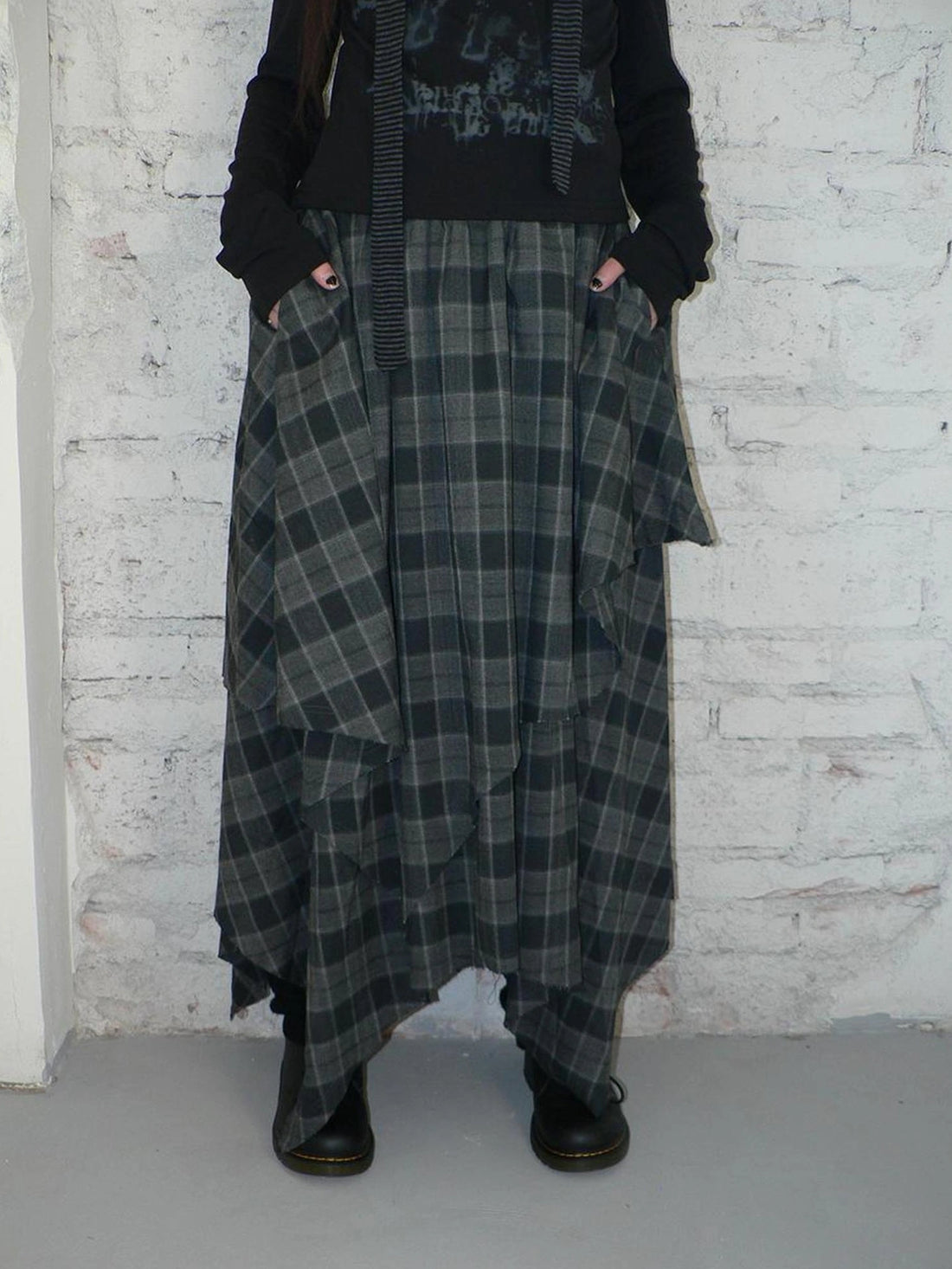 ang project Vintage Plaid Patchwork Double Layer Asymmetrical Raw Hem Skirt Skirt