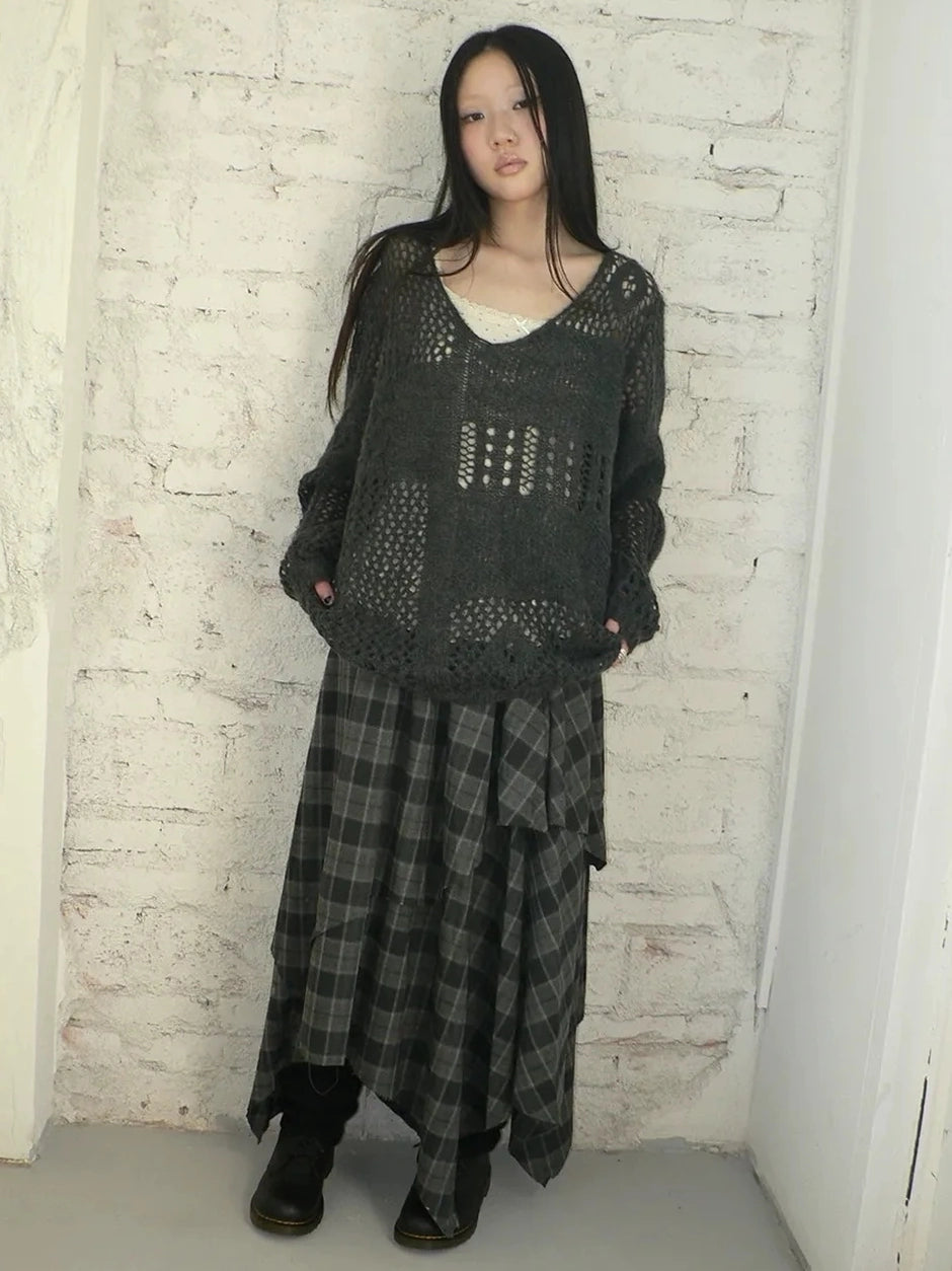 ang project Vintage Plaid Patchwork Double Layer Asymmetrical Raw Hem Skirt Skirt