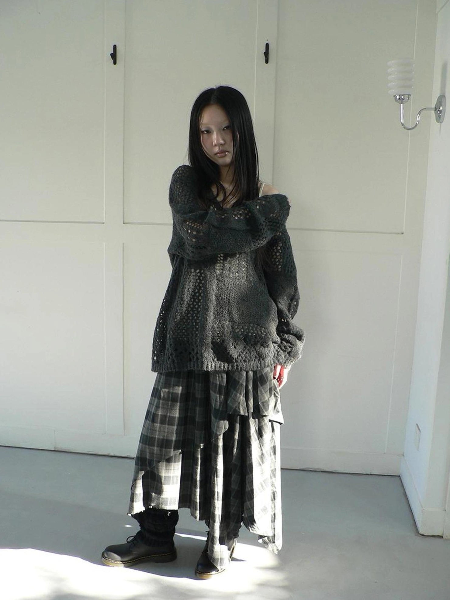 ang project Vintage Plaid Patchwork Double Layer Asymmetrical Raw Hem Skirt Skirt