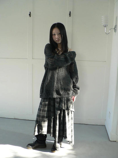 ang project Vintage Plaid Patchwork Double Layer Asymmetrical Raw Hem Skirt Skirt