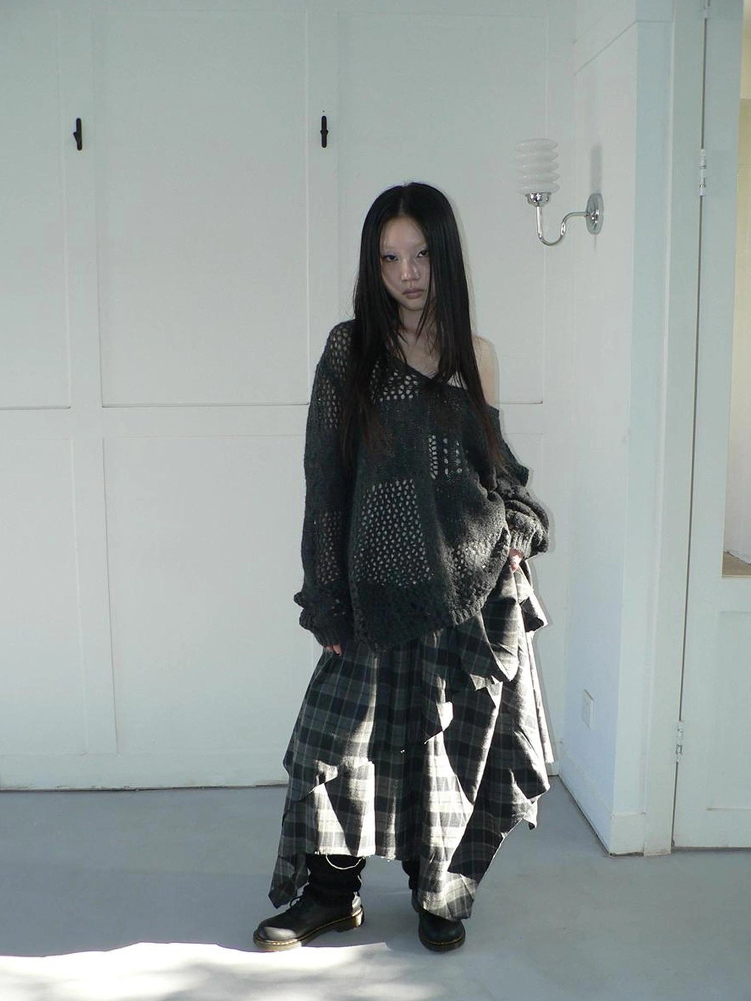 ang project Vintage Plaid Patchwork Double Layer Asymmetrical Raw Hem Skirt Skirt