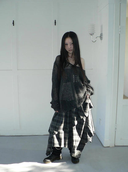 ang project Vintage Plaid Patchwork Double Layer Asymmetrical Raw Hem Skirt Skirt