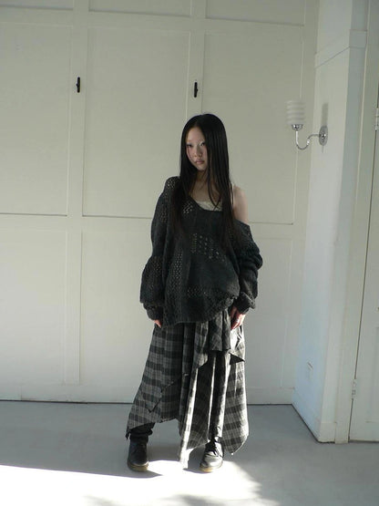 ang project Vintage Plaid Patchwork Double Layer Asymmetrical Raw Hem Skirt Skirt