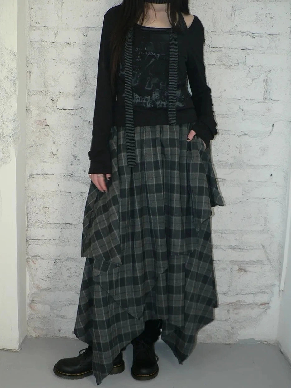 ang project Vintage Plaid Patchwork Double Layer Asymmetrical Raw Hem Skirt Skirt