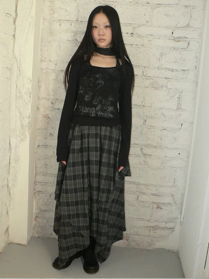 ang project Vintage Plaid Patchwork Double Layer Asymmetrical Raw Hem Skirt Skirt