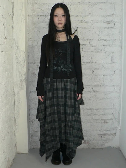 ang project Vintage Plaid Patchwork Double Layer Asymmetrical Raw Hem Skirt Skirt