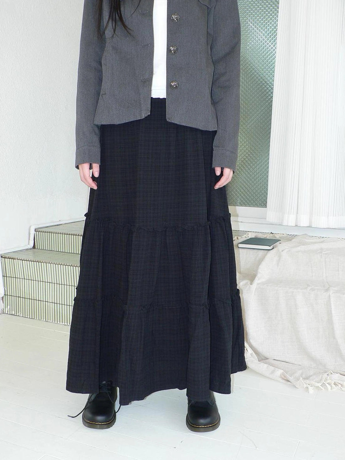 ang project Vintage Plaid Patchwork Peter Pan Collar Midi Skirt Skirt