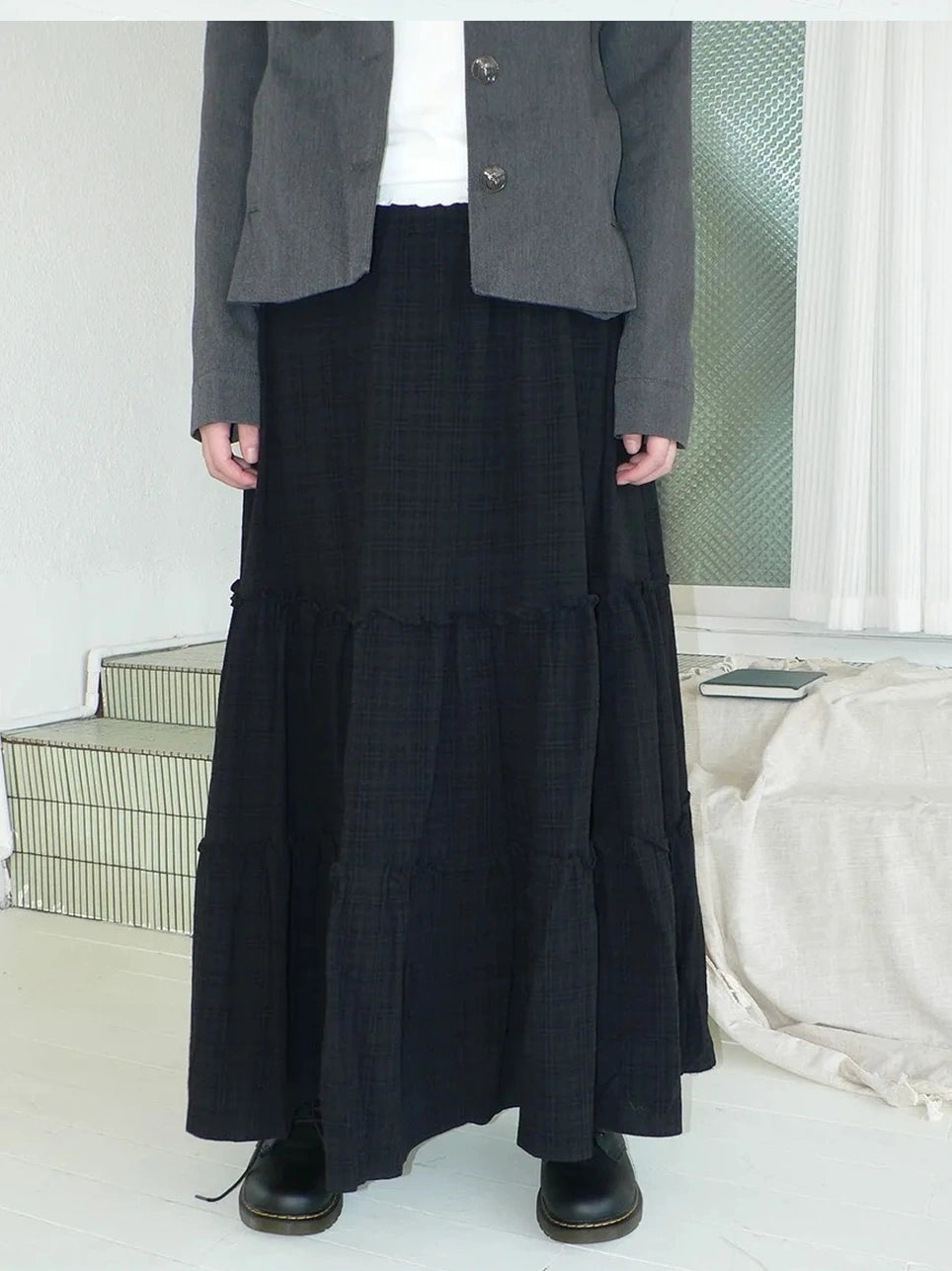 ang project Vintage Plaid Patchwork Peter Pan Collar Midi Skirt Skirt