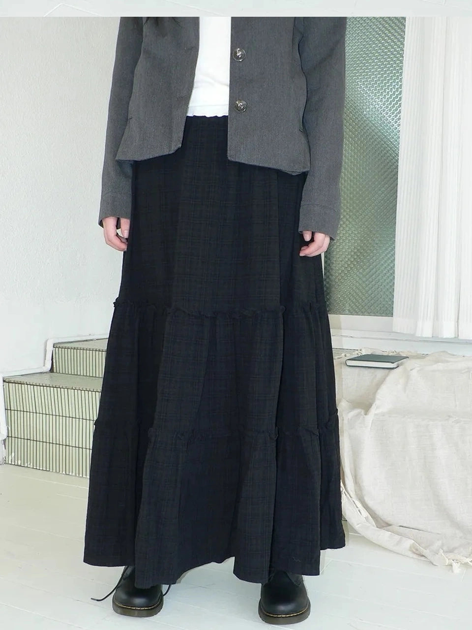 ang project Vintage Plaid Patchwork Peter Pan Collar Midi Skirt Skirt