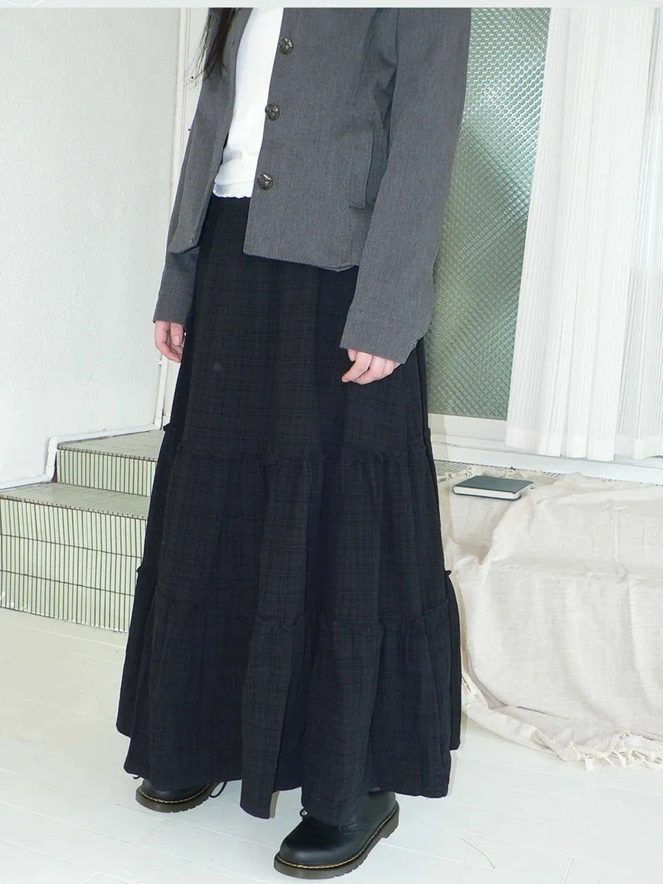 ang project Vintage Plaid Patchwork Peter Pan Collar Midi Skirt Skirt