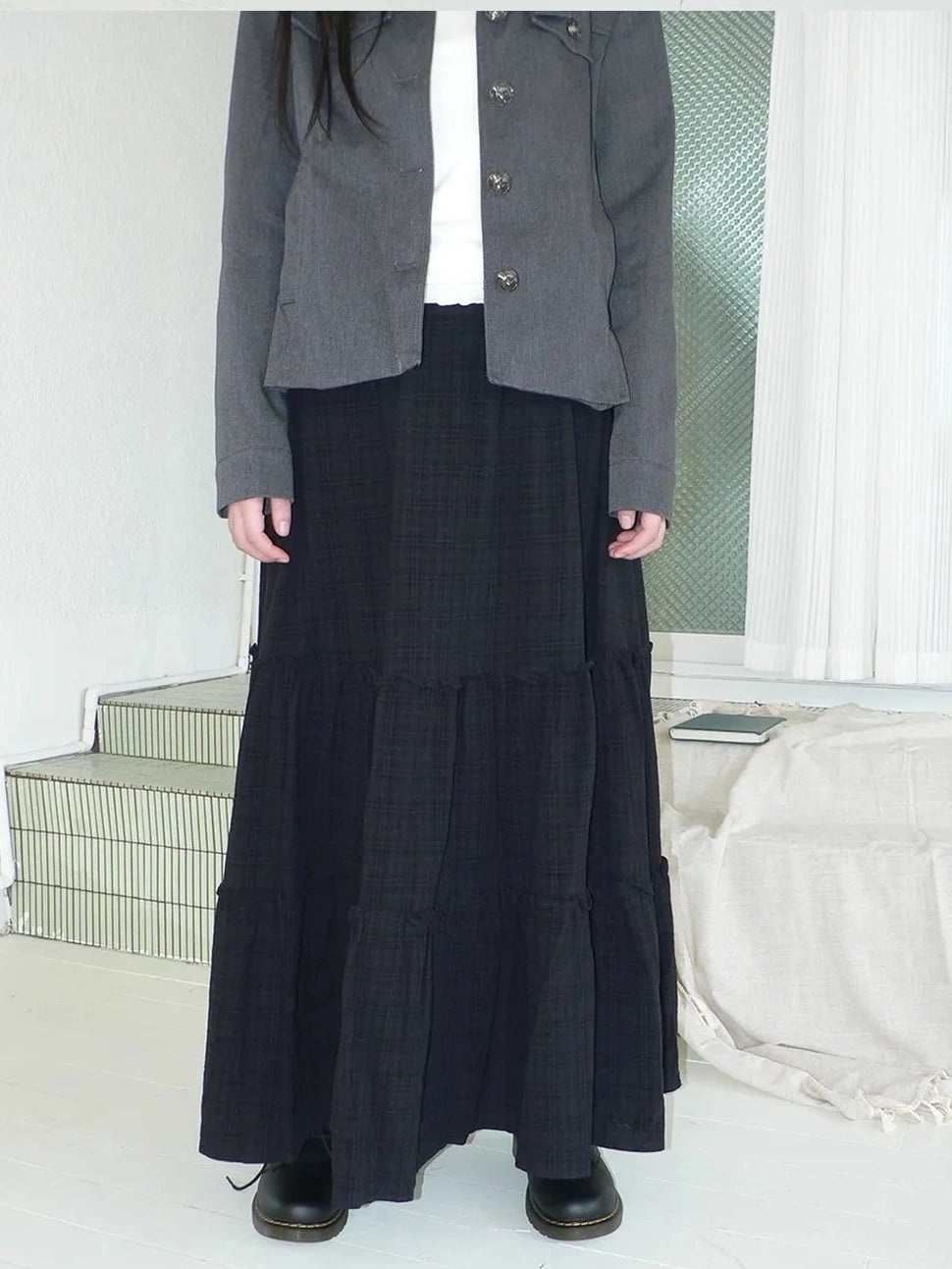 ang project Vintage Plaid Patchwork Peter Pan Collar Midi Skirt Skirt