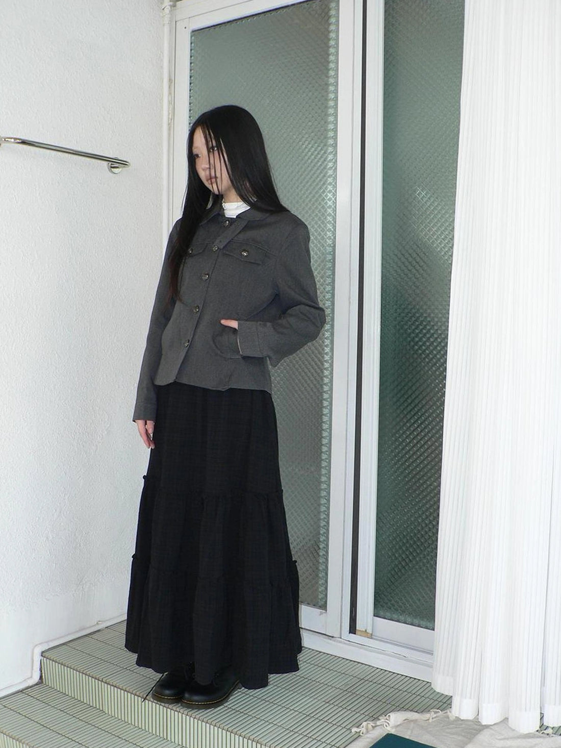 ang project Vintage Plaid Patchwork Peter Pan Collar Midi Skirt Skirt