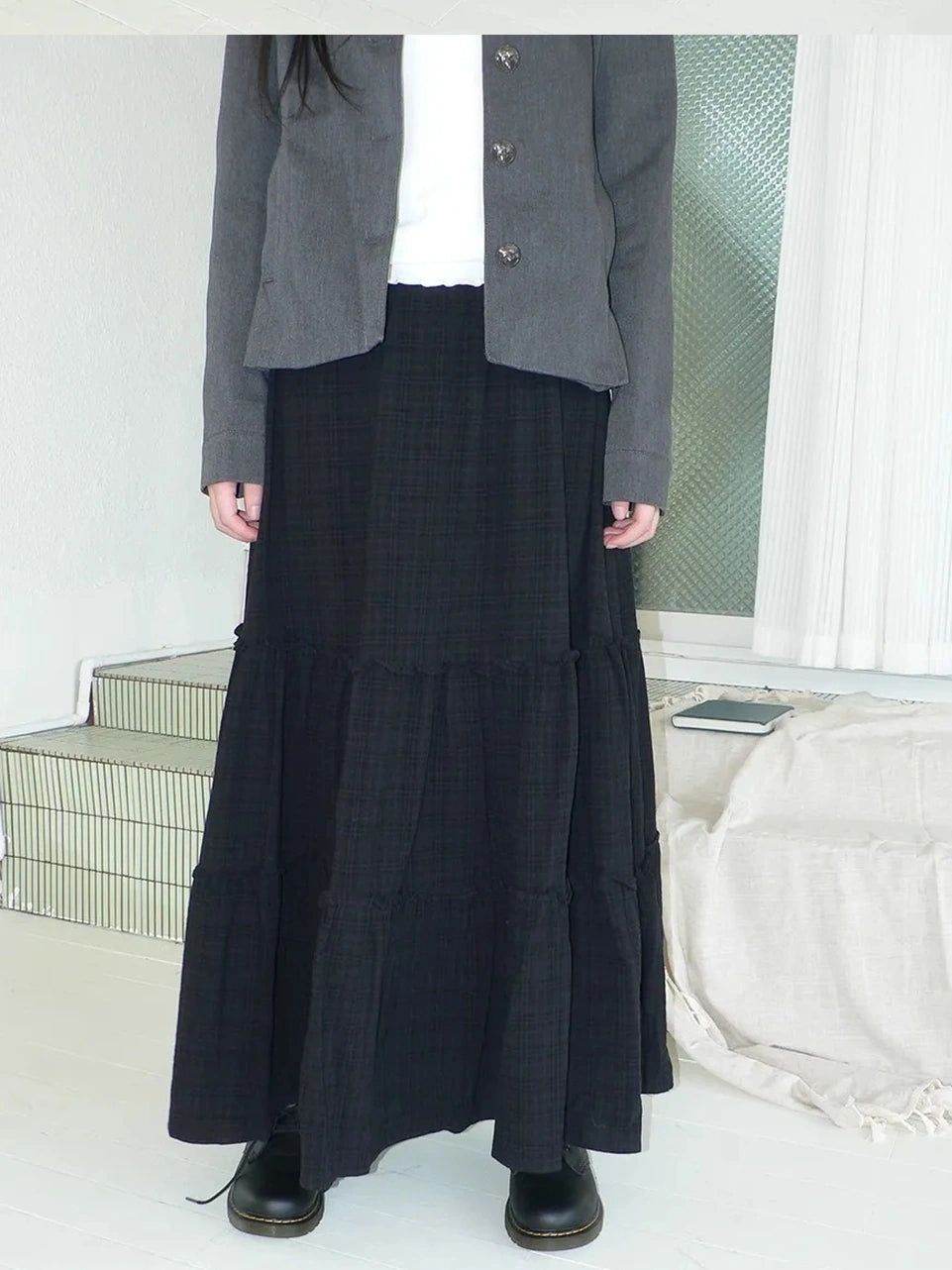 ang project Vintage Plaid Patchwork Peter Pan Collar Midi Skirt Skirt