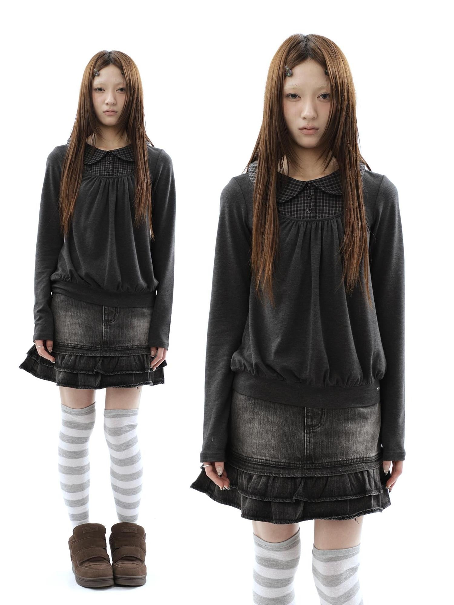ang project Vintage Plaid Patchwork Pleated Faux Layered Women&