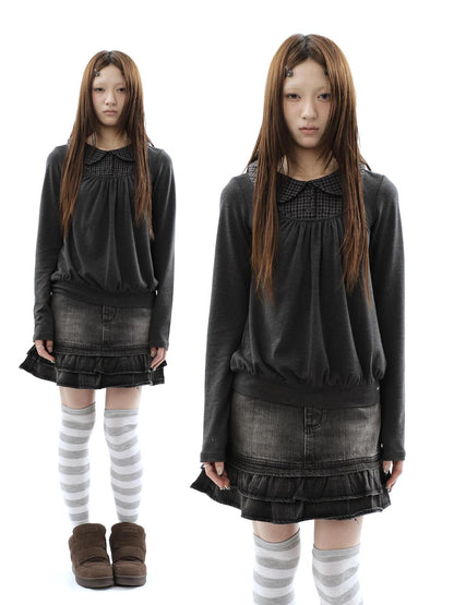 ang project Vintage Plaid Patchwork Pleated Faux Layered Women&