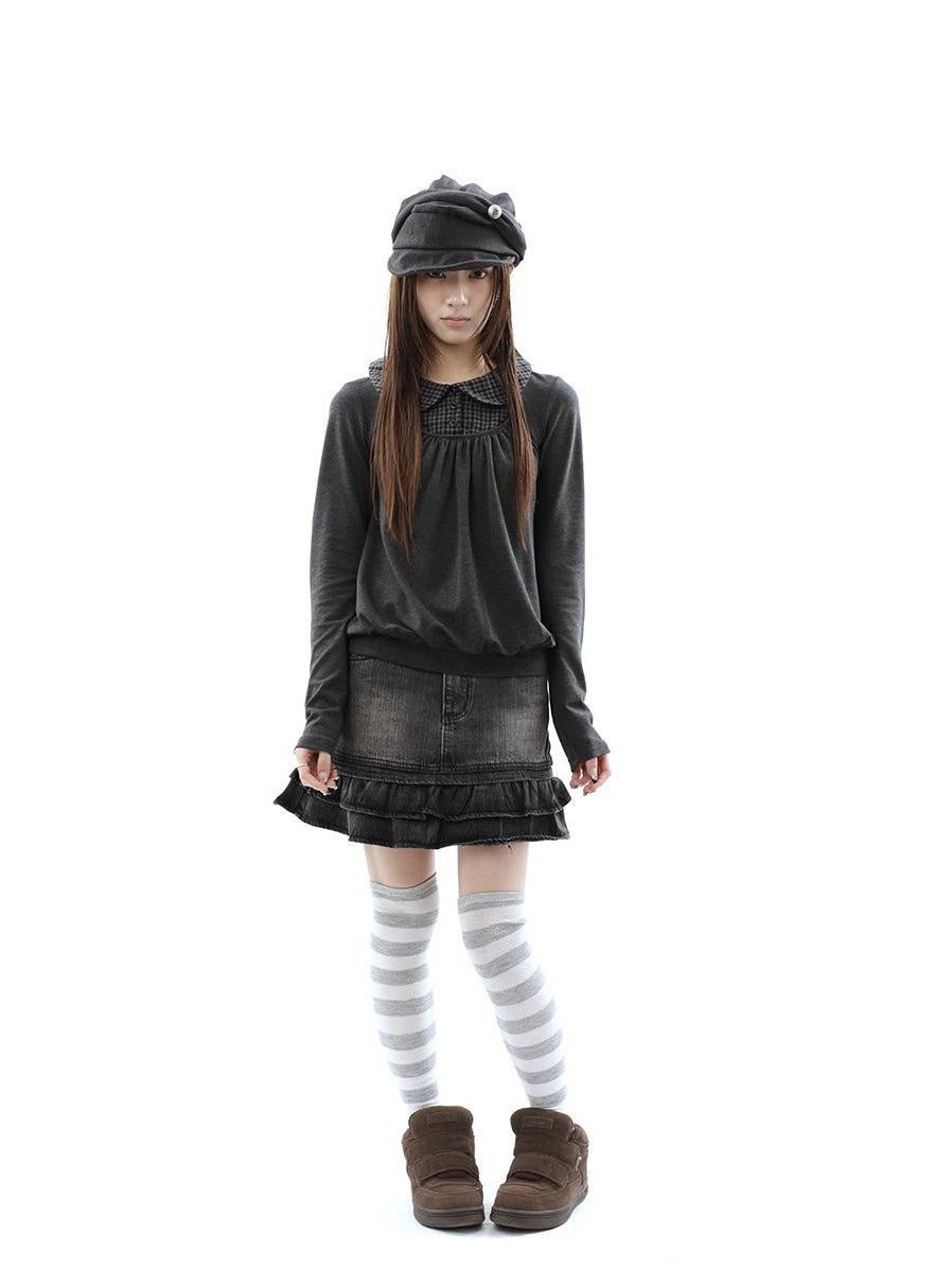 ang project Vintage Plaid Patchwork Pleated Faux Layered Women&