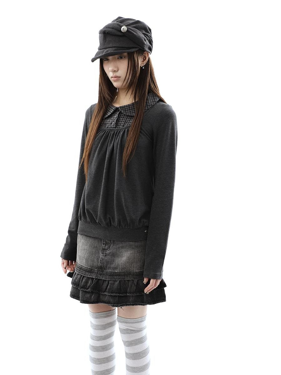 ang project Vintage Plaid Patchwork Pleated Faux Layered Women&