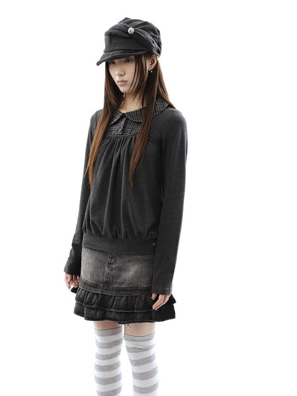 ang project Vintage Plaid Patchwork Pleated Faux Layered Women&