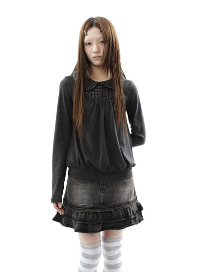 ang project Vintage Plaid Patchwork Pleated Faux Layered Women&