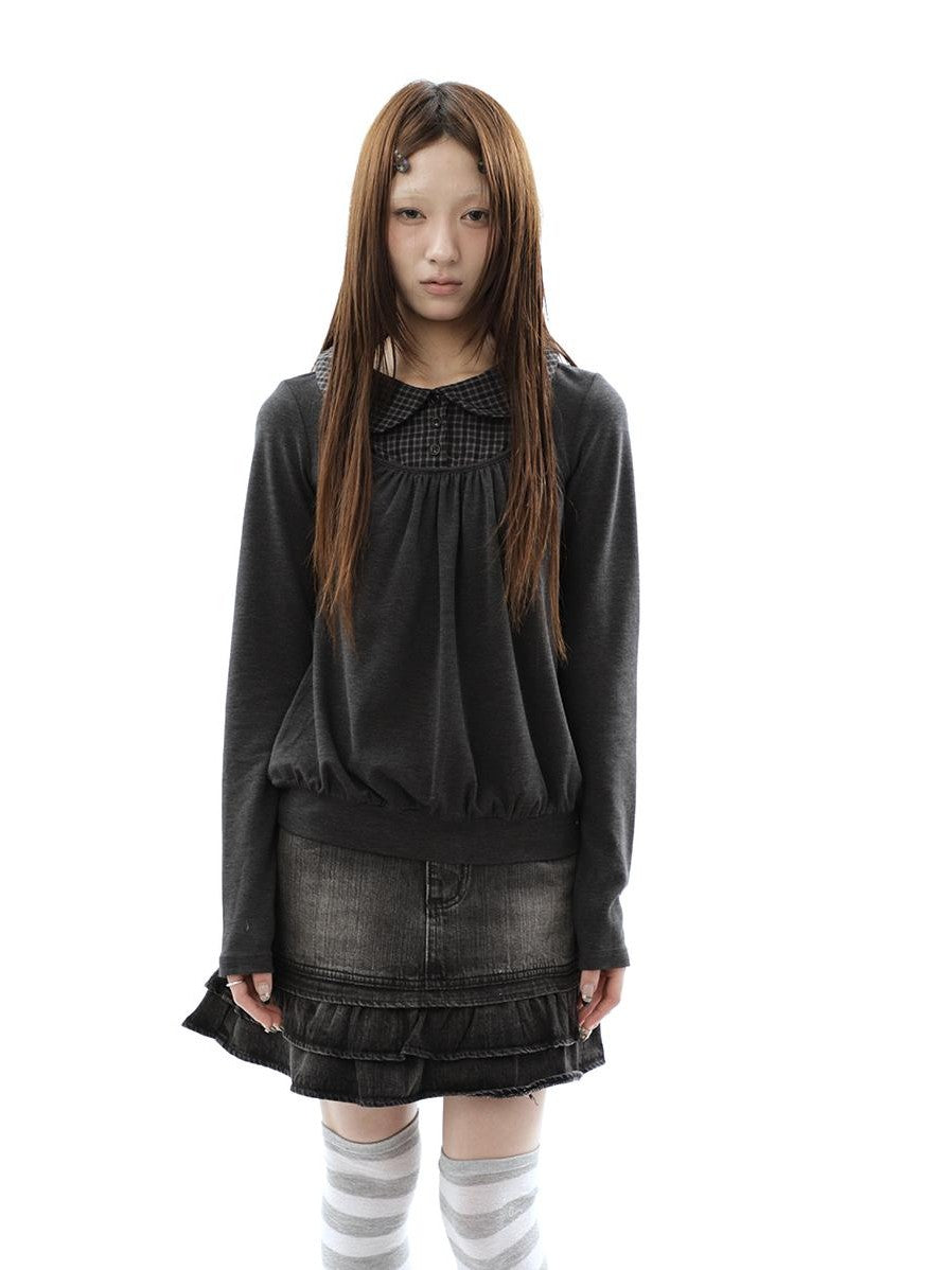 ang project Vintage Plaid Patchwork Pleated Faux Layered Women&