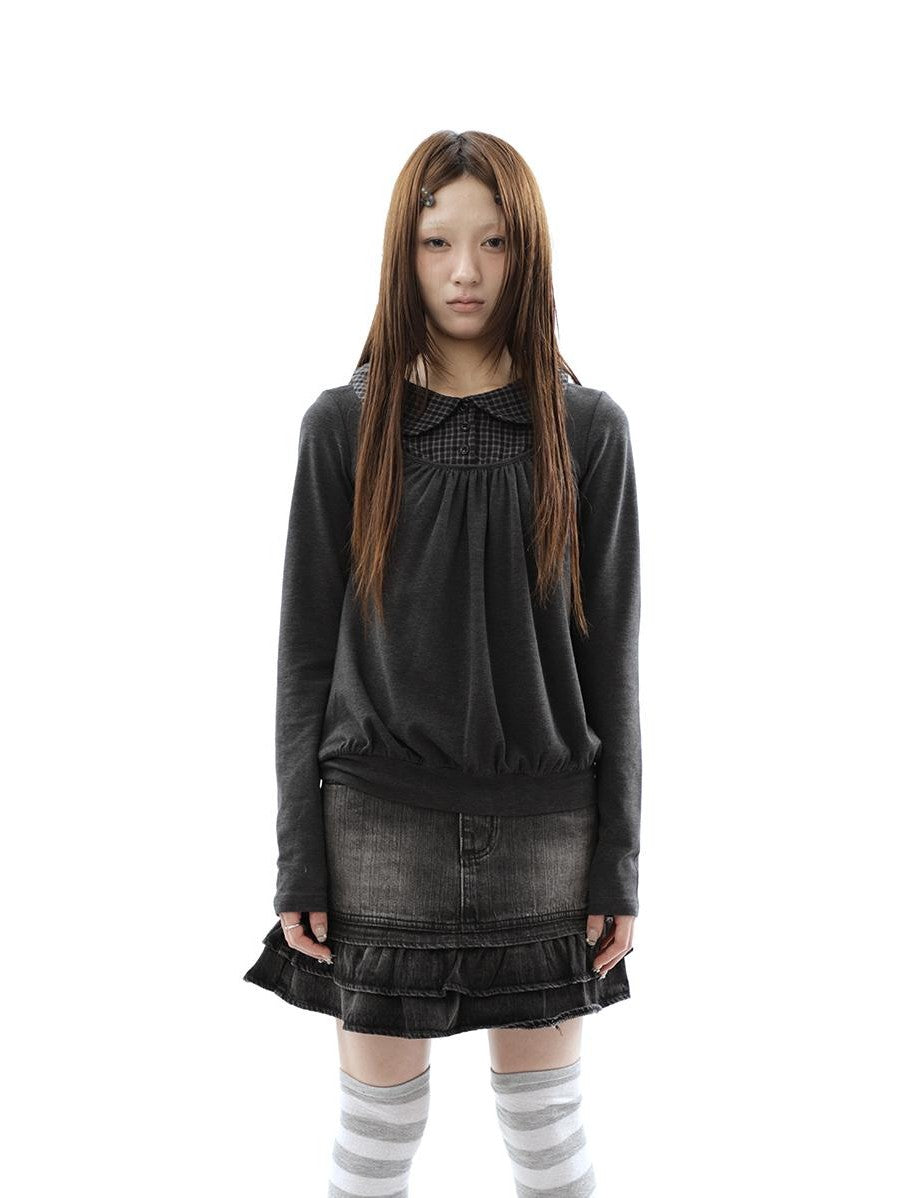 ang project Vintage Plaid Patchwork Pleated Faux Layered Women&