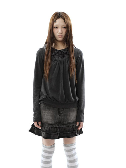 ang project Vintage Plaid Patchwork Pleated Faux Layered Women&