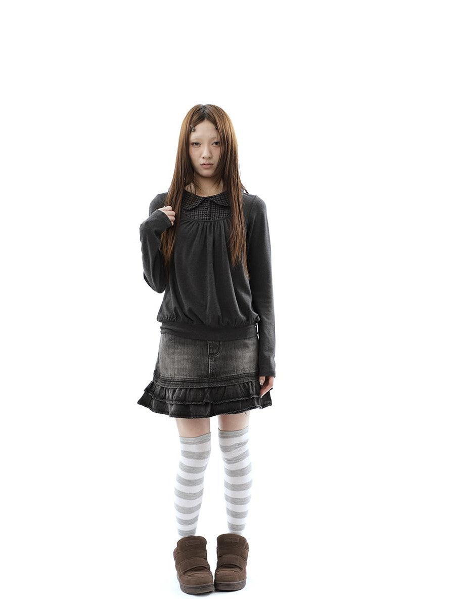 ang project Vintage Plaid Patchwork Pleated Faux Layered Women&