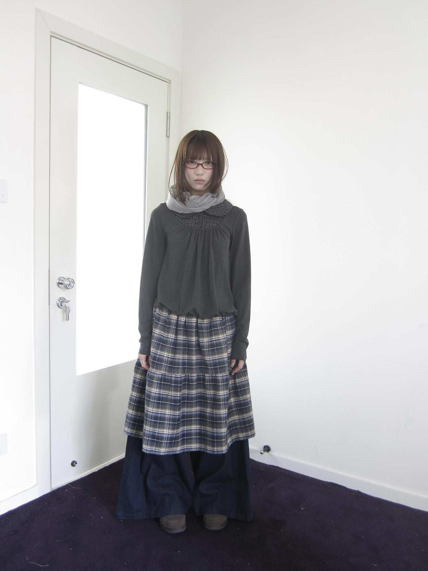 ang project Vintage Plaid Patchwork Pleated Faux Layered Women&