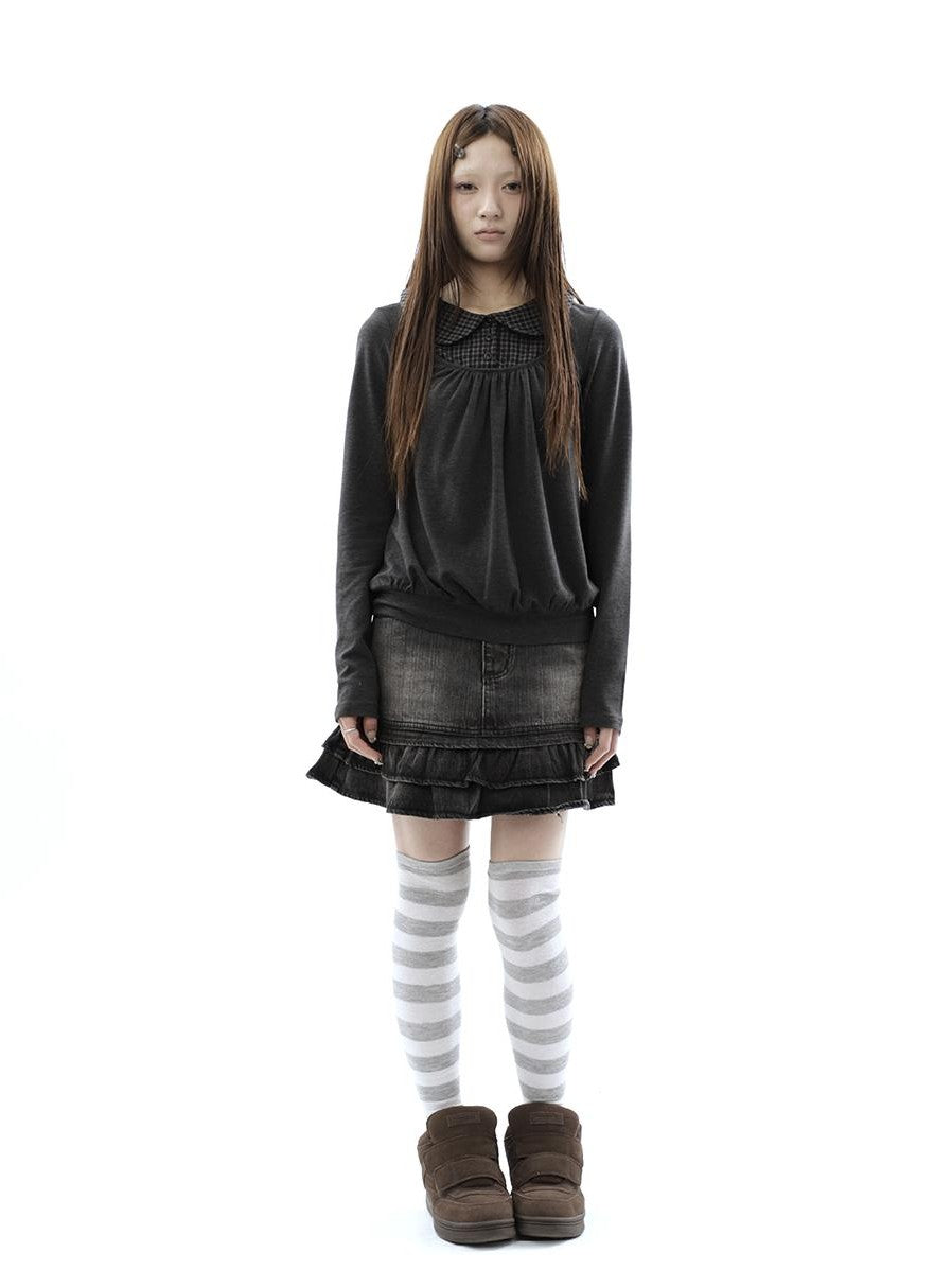 ang project Vintage Plaid Patchwork Pleated Faux Layered Women&