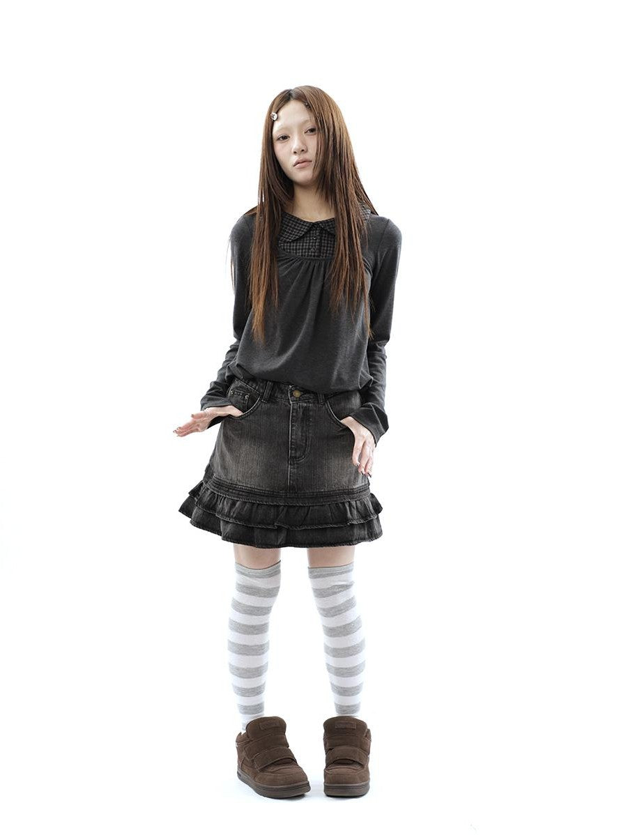 ang project Vintage Plaid Patchwork Pleated Faux Layered Women&