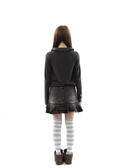 ang project Vintage Plaid Patchwork Pleated Faux Layered Women&
