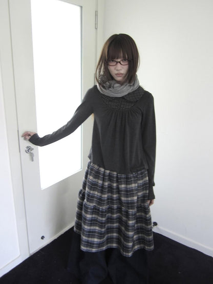 ang project Vintage Plaid Patchwork Pleated Faux Layered Women&