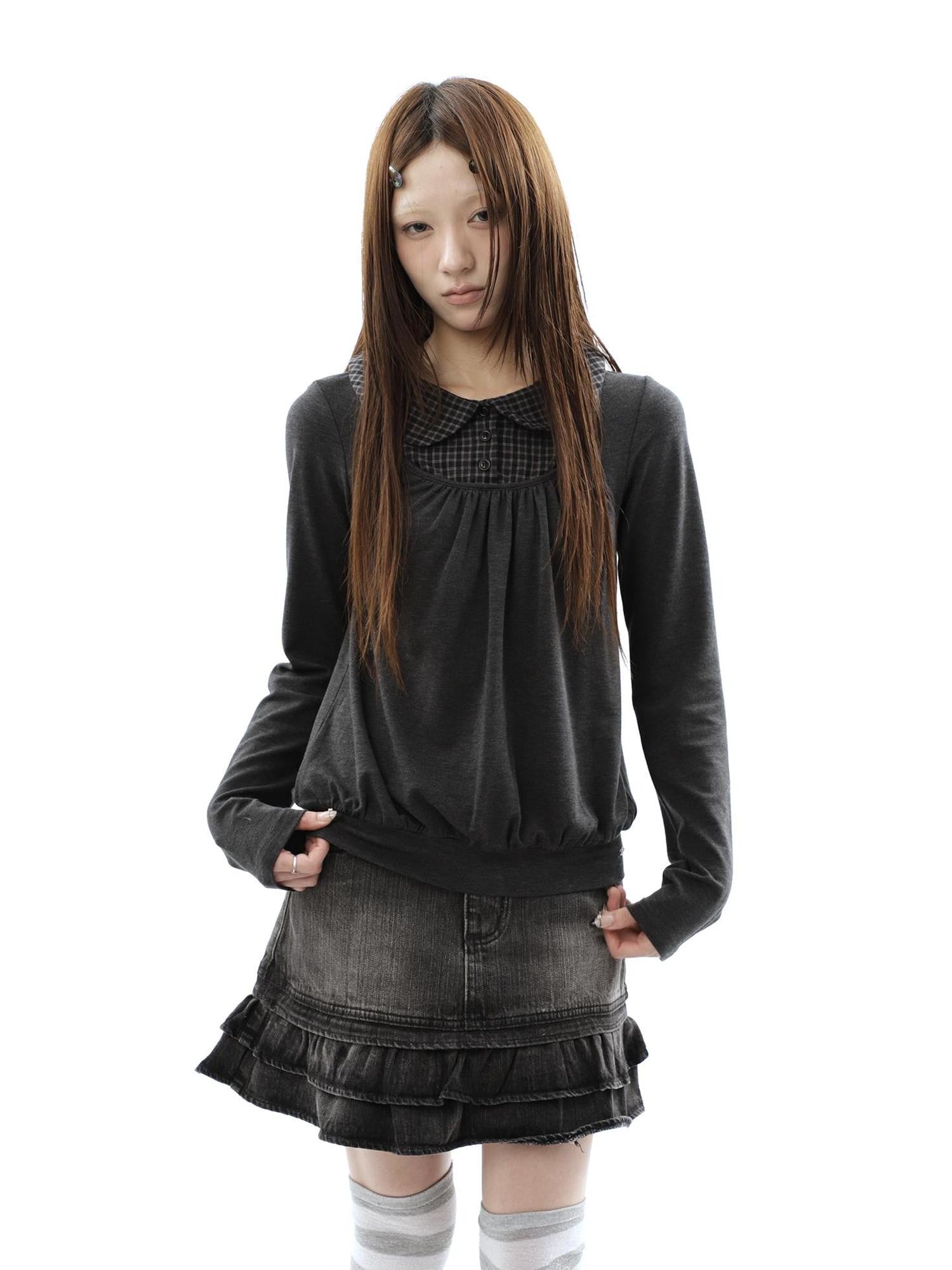 ang project Vintage Plaid Patchwork Pleated Faux Layered Women&