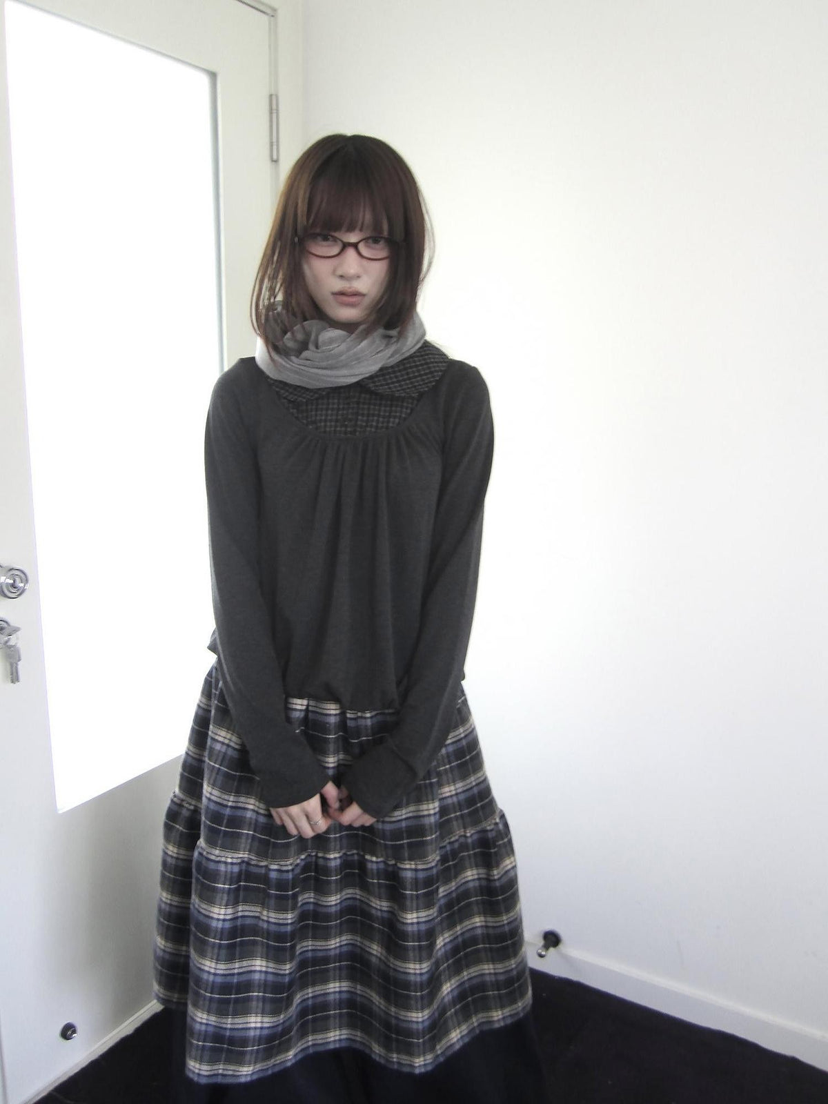 ang project Vintage Plaid Patchwork Pleated Faux Layered Women&