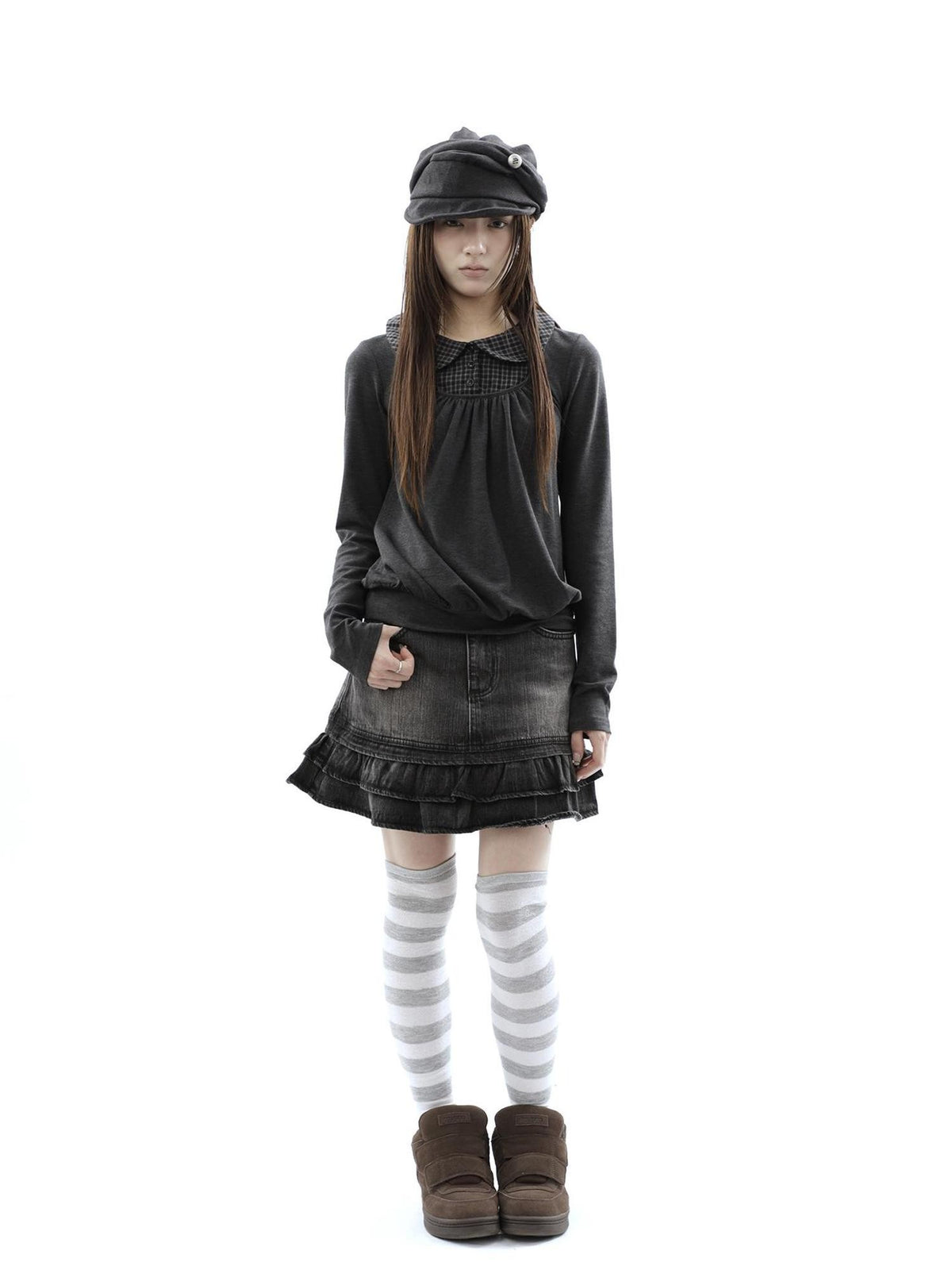 ang project Vintage Plaid Patchwork Pleated Faux Layered Women&