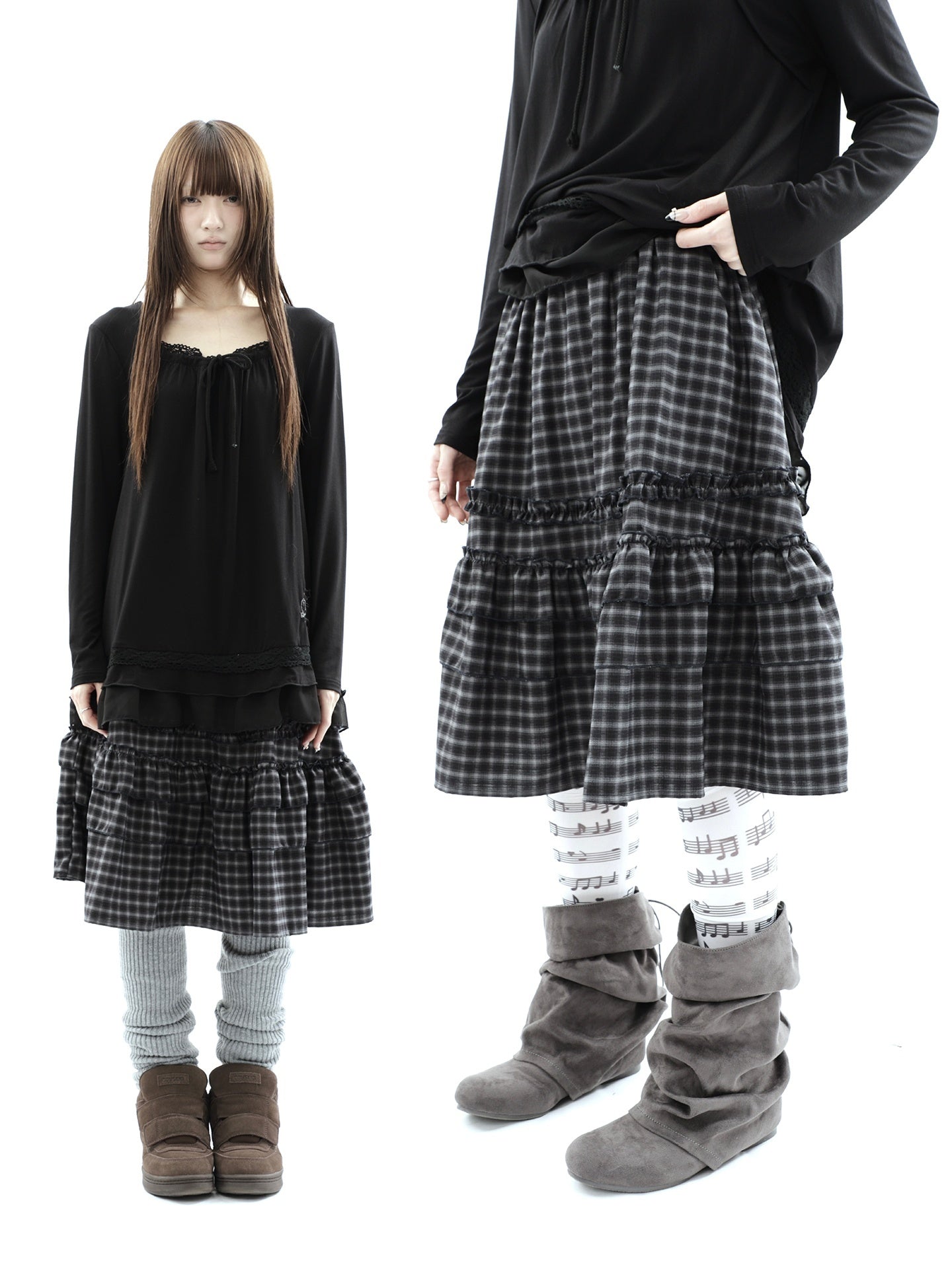 ang_project_Vintage_Plaid_Ruffle_Edge_Patchwork_Pleated_Women&