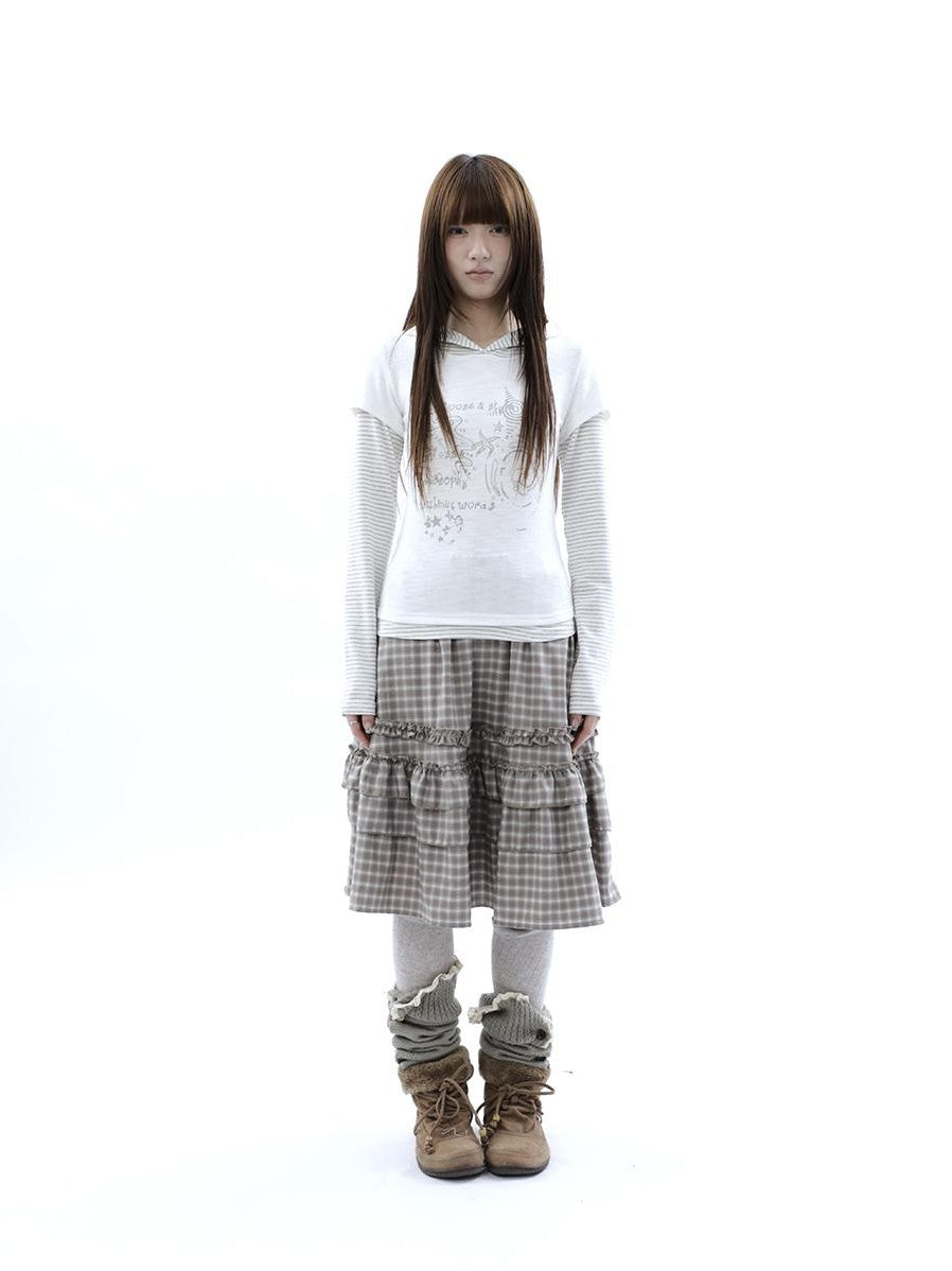 ang project Vintage Plaid Ruffle Edge Patchwork Pleated Women&