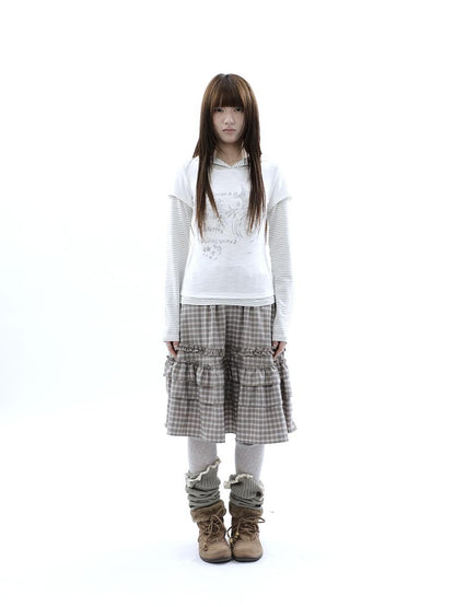 ang project Vintage Plaid Ruffle Edge Patchwork Pleated Women&